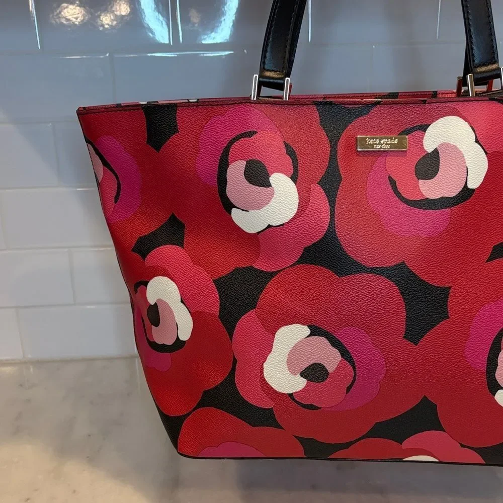 Kate Spade Bag Purse Handbag Leather Ellison Ave Sydney Floral Red XL Tote Bag